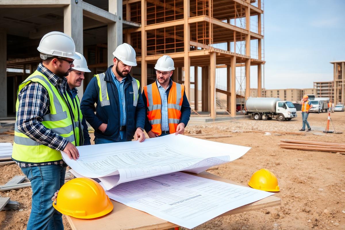 Construction team reviewing blueprints